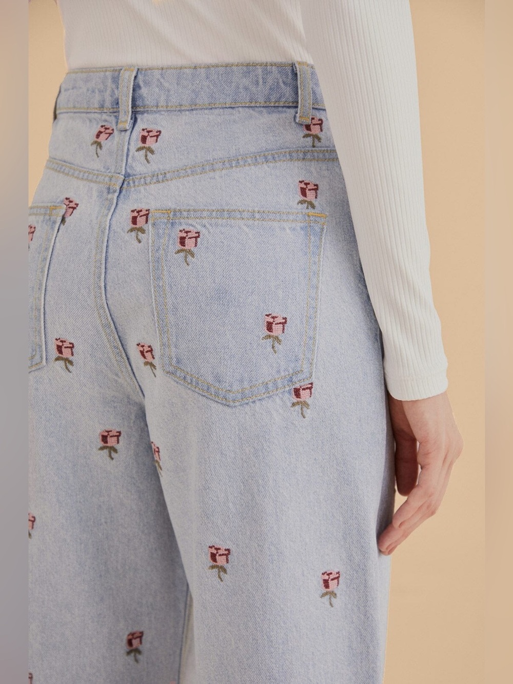 Farm Rio Rose Embroidered Denim Pants - Picture 2 of 15